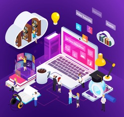 E-learning distance education bright glow isometric composition with studying home people degree virtual environment vector illustration 