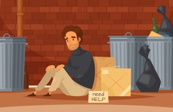 Homeless people cartoon composition with sad poor homeless man sits on the ground with nameplate need help vector illustration