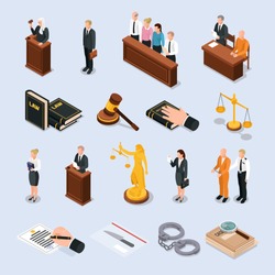 Law justice court characters accessories isometric icons set with convict judge attorney hand on bible vector illustration