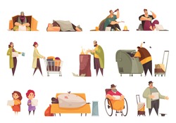 Poor homeless people begging money gathering food from garbage sleeping outdoor flat icons set isolated vector illustration 