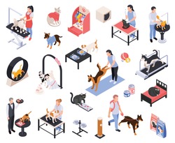 Pet services dogs grooming boarding walking fitness feeding vet examination vaccination isometric icons set isolated vector illustration 