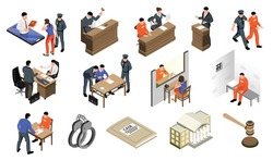 Isometric lawyer law prison set of isolated icons with characters of attorneys policemen and imprisoned persons vector illustration