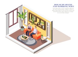 Isometric composition with house husband giving tea to tired wife after work 3d vector illustration
