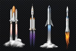 Rocket launch realistic set with isolated images of space mission rockets with smoke on transparent background vector illustration