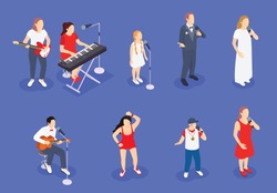 Tv talent show isometric icon set with isolated faceless human characters of musicians dancers and singers vector illustration