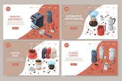 Professional barista coffee equipment set of isometric web site cards with coffee machine cups and packs vector illustration
