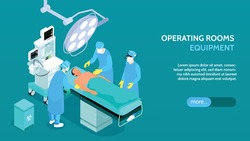 Medical operating room equipment isometric horizontal banner surgical table lights intensive care unit patient treatment vector illustration