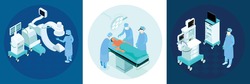 Operation room concept 3 isometric compositions with modern medical surgical equipment patient surgeon during procedure vector illustration