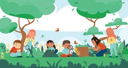 Nature study forest composition with outdoor landscape and group of children human characters discovering wild nature vector illustration