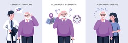 Dementia alzheimer design concept with square compositions of text and characters of elderly man and doctor vector illustration