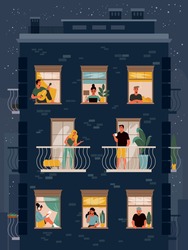 House facade with neighbours in windows chatting and doing different activities with starry night sky on background flat vector illustration