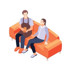 House husband giving cup of tea to wife 3d isometric vector illustration