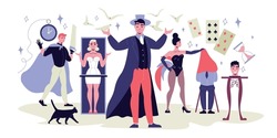 Flat composition with magic show actors magicians assistants wearing stage costumes and equipment for performance vector illustration