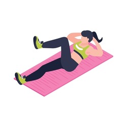 Isometric icon with woman in sportswear doing fitness 3d vector illustration