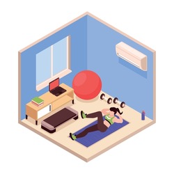 Woman doing fitness at home with various sports equipment isometric 3d vector illustration