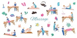 Massage people flat background composition with isolated text and floral icons with spa accessories and people vector illustration