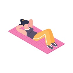 Home fitness icon with woman doing abs exercises isometric vector illustration