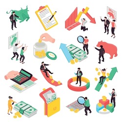 Finance isometric set with money stock market bull bear profit calculating characters of people isolated 3d vector illustration