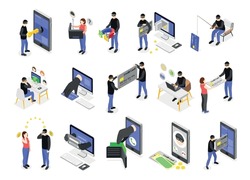 Bank scammers isometric icons collection with people stealing money and payment data from smartphones and gadgets vector illustration