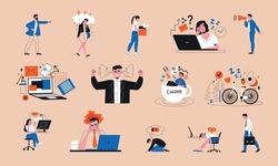 Professional burnout flat color set of young people exhausted and tired from hard work needed in vacation isolated vector illustration