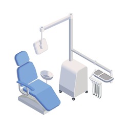 Medical equipment isometric composition with isolated image of dental chair apparatus on blank background vector illustration