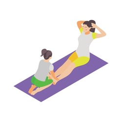 Family fitness isometric icon with woman and girl working out abs together 3d vector illustration