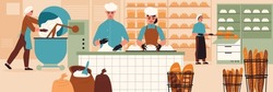 Bakery production colored composition bakery kitchen four bakers make bread and buns vector illustration