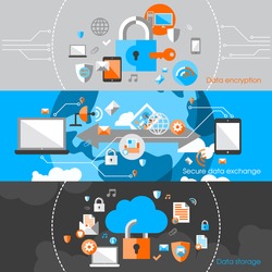 Business cloud data computing security and server virus protection banner design elements vector illustration