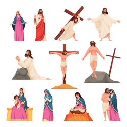 Holy bible new testament cartoon icons set with Jesus Christ and Virgin Mary isolated vector illustration