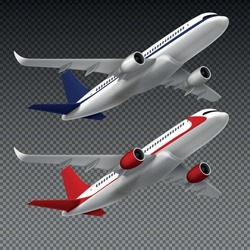 Flying airplane set of realistic images on transparent background with branded red and blue passenger jets vector illustration