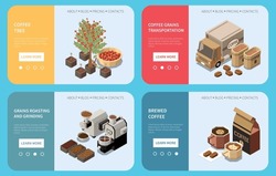 Coffee production industry landing pages providing information about coffee tree grains roasting and grinding brewed coffee isometric vector illustration