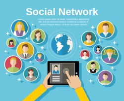 Social media network concept with human hand with tablet avatars and globe on background vector illustration