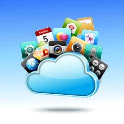Cloud 3d storage with mobile media apps icons set vector illustration