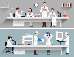 Scientists in lab concept with males and females making research vector illustration