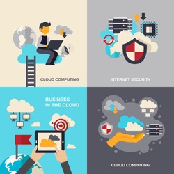 Cloud computing design concept set with internet security and business flat icons isolated vector illustration