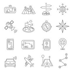 Navigation and location system compasses map and gps routes and landmarks flat outline icon set isolated vector illustration