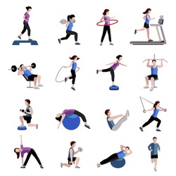 Fitness cardio exercise and equipment for men women two tints flat icons collections abstract isolated vector illustration