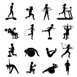 Fitness cardio workout and body shaping exercise with aerobic equipment black icons set abstract isolated vector illustration