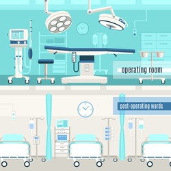 Medical hospital surgery operation room and post-operation ward concept  2 horizontal banners set abstract isolated vector illustration