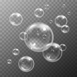 White water bubbles with reflection set on transparent background vector illustration