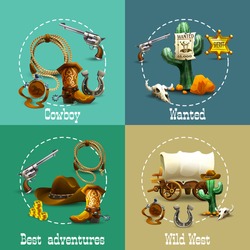Wild west adventures realistic icons set with cowboy and wanted symbols isolated vector illustration 