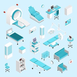 Hospital equipment and furniture isometric icons set isolated vector illustration