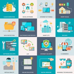 Information technologies concept flat icons with electronic devices software and internet isolated vector illustration