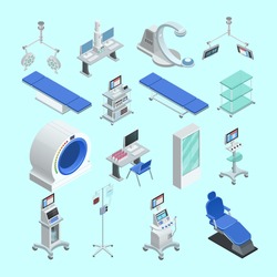 Modern medical surgery and examination rooms equipment with scanner  monitor and operation table abstract isolated vector illustration