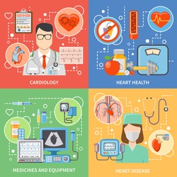 Colorful cardiology flat 2x2 icons set with cardiologists medicines and equipment for heart health and treatment isolated vector illustration