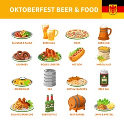 German annual oktoberfest traditional food snacks and beer flat icons collection with crayfish abstract isolated vector illustration