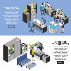 Two horizontal workplace banners set with isometric office furniture machinery editable text and read more button vector illustration