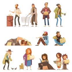 Set of homeless people including adults and kids begging money and needing help isolated vector illustration