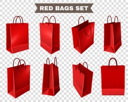 Set of red shopping bags from plastic or paper with handles on transparent background isolated vector illustration 