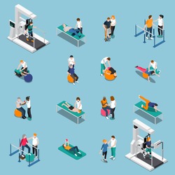 Isolated physiotherapy rehabilitation isometric people icon set with patients at doctor appointment vector illustration